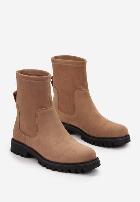 Ciemnobeżowe Botki za Kostkę z Imitacji Zamszu Silvano