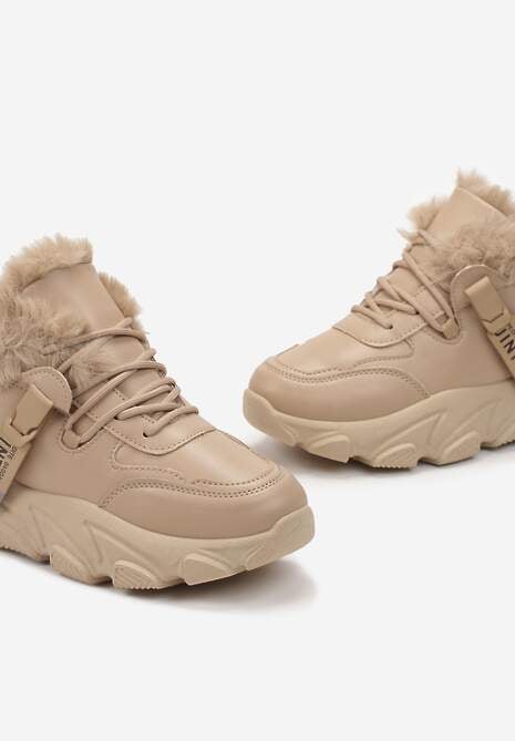Ciemnobeżowe Sneakersy Przed Kostkę na Płaskiej Grubej Podeszwie z Ociepleniem ze Sztucznego Futerka Borrolla