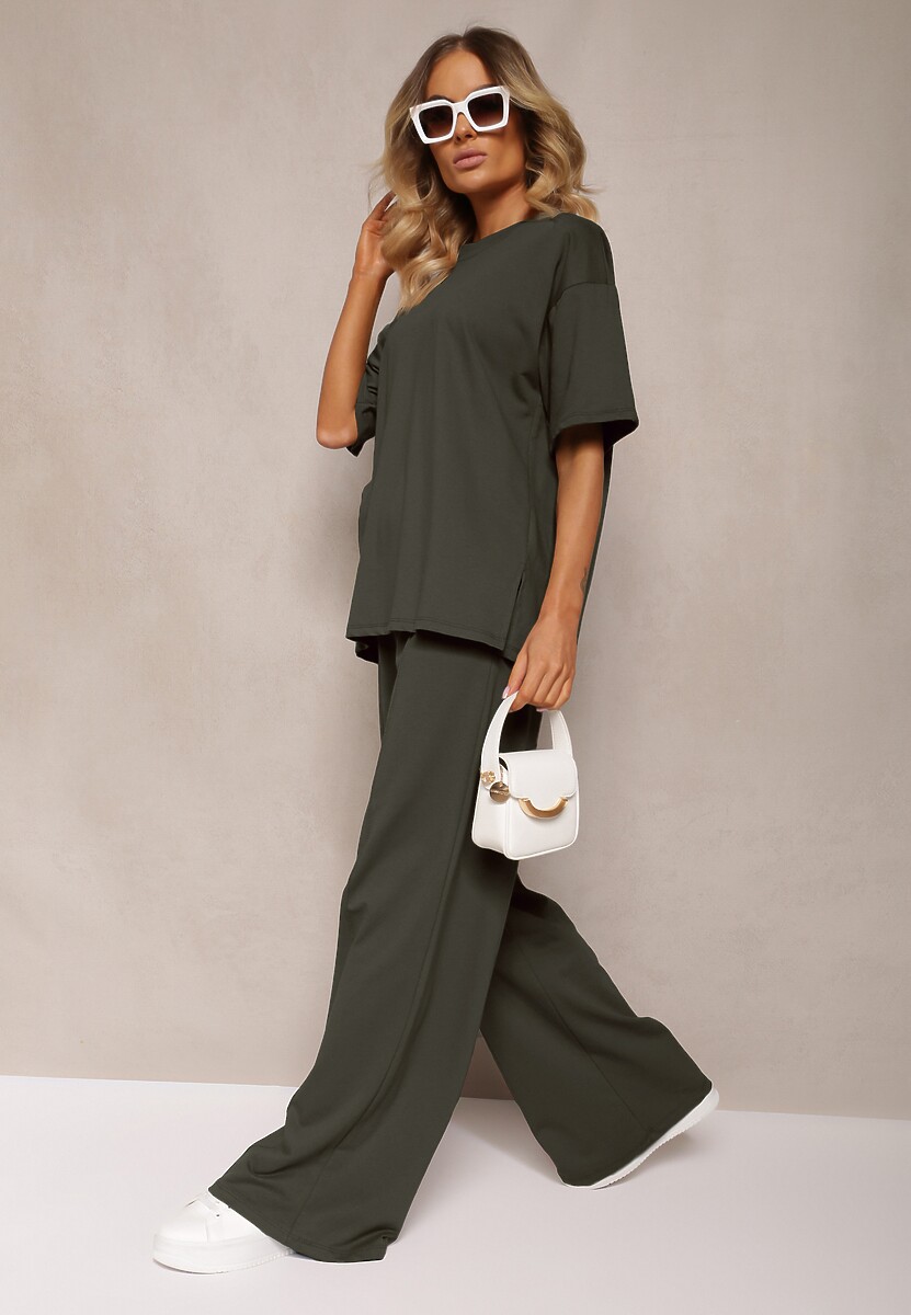 Ciemnozielony Komplet z Bawełny Proste Szerokie Spodnie z Gumką w Pasie Bluzka z Rozcięciami Vimarases