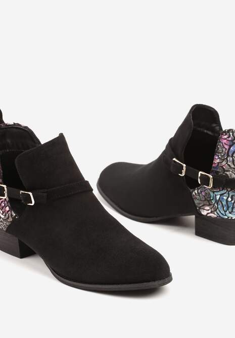Czarne Botki Vices na Słupku Ozdobione Kwiatami Selianor