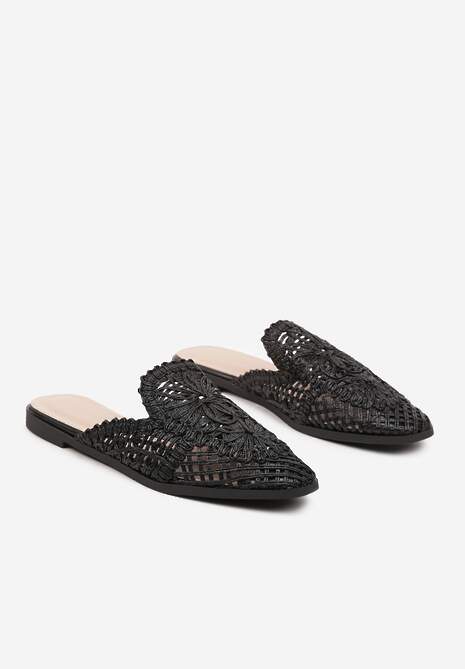 Czarne Klapki Mule Ozdobione Koronką Setilwena