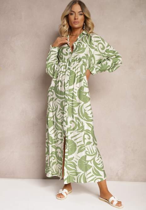 Zielona Rozkloszowana Sukienka w Kroju Szmizjerki z Zapięciem na Guziki i Falbanką Kelloena