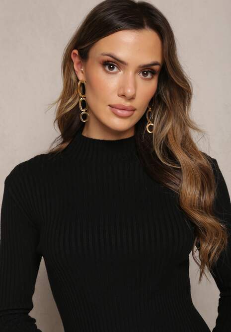 Czarna Sukienka z Prążkowanej Dzianiny Ozdobiona Guzikami i Cyrkoniami Ateneas