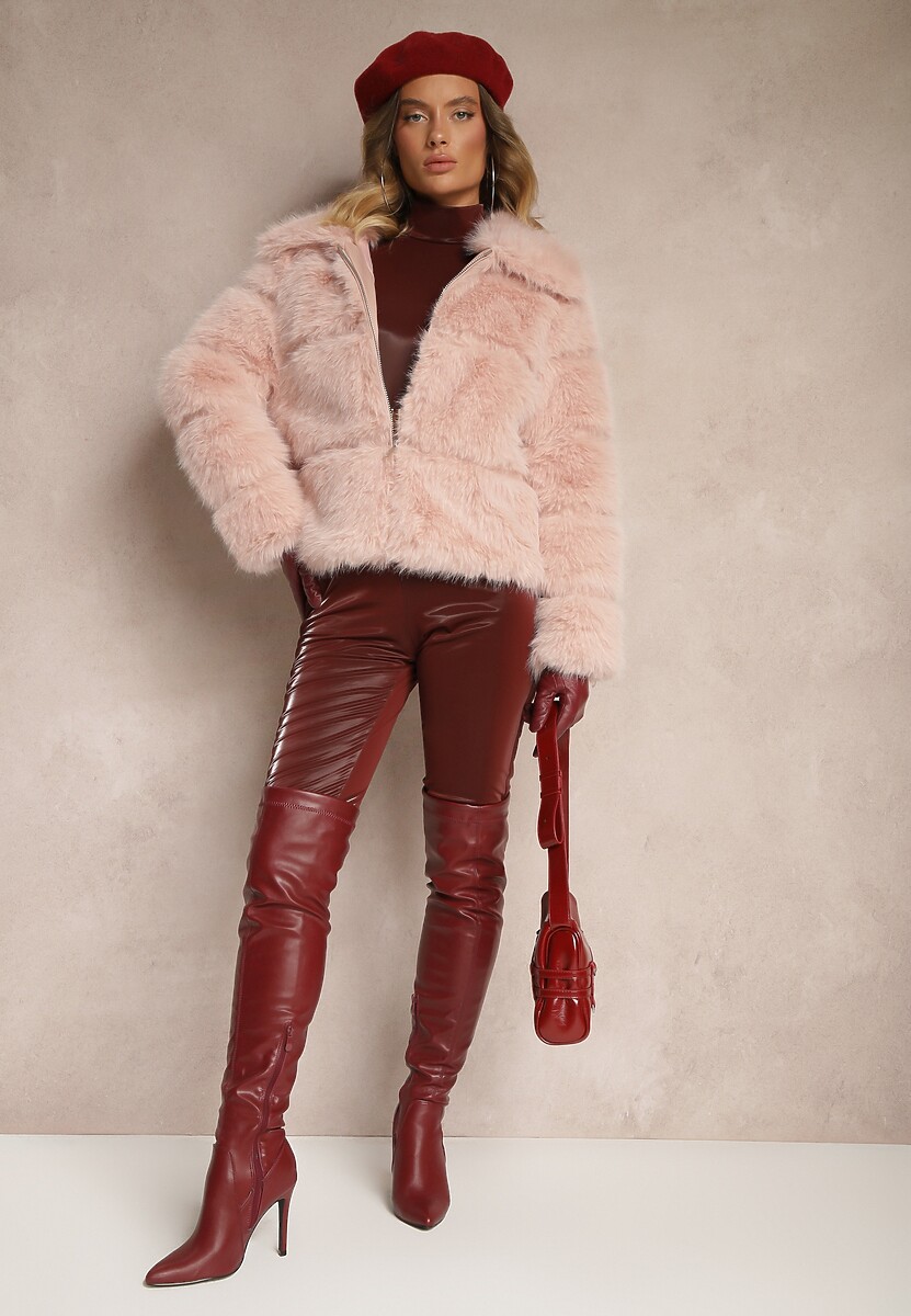 Różowa Pikowana Kurtka Futrzana z Eleganckim Kołnierzem Sinadrea