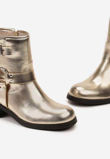 Złote Botki Bikery Ozdobione Paskami i Okrągłą Klamrą Warasa