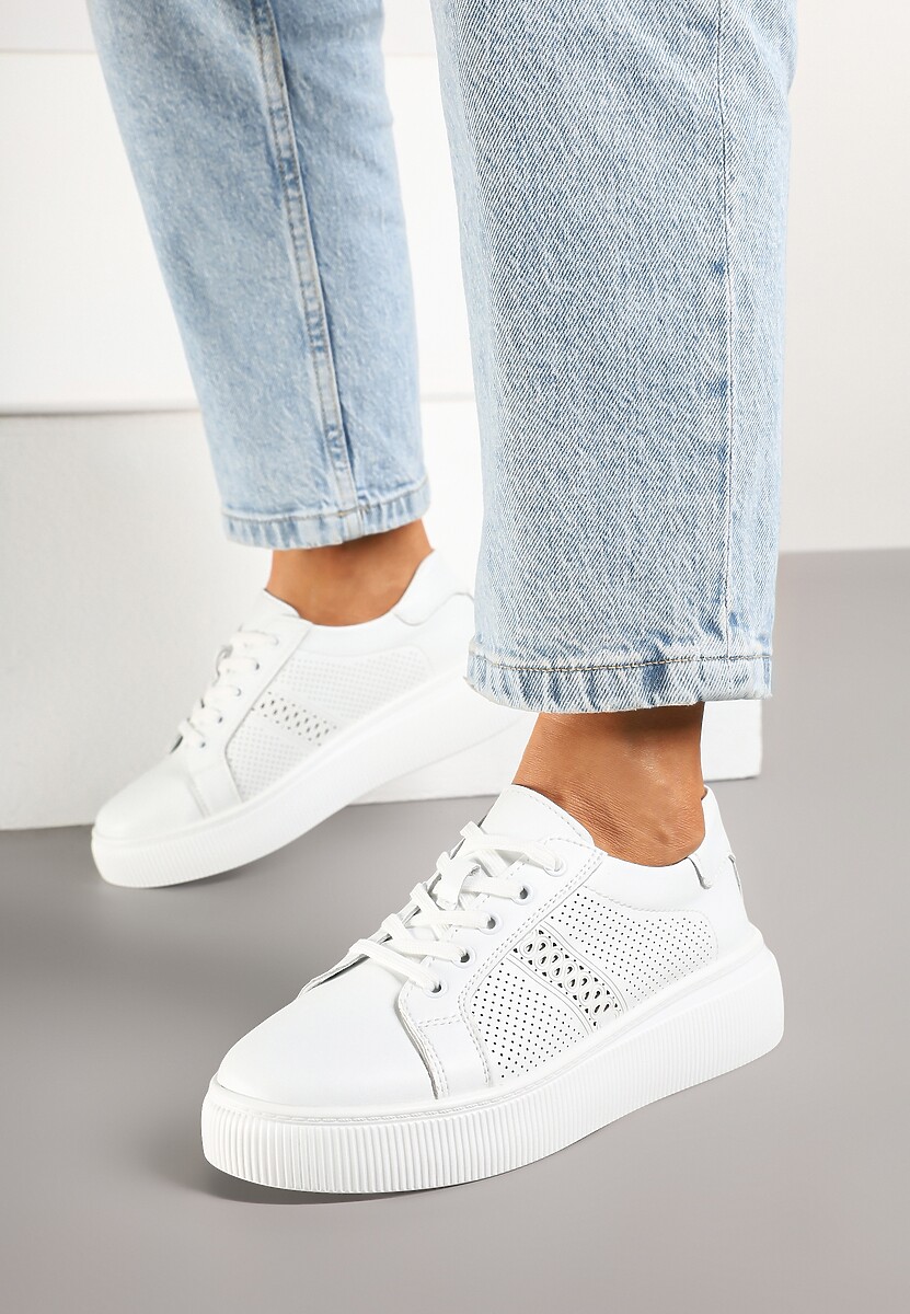 Białe Płaskie Ażurowe Sneakersy ze Skóry Naturalnej i Skórzaną Wkładką Lavili