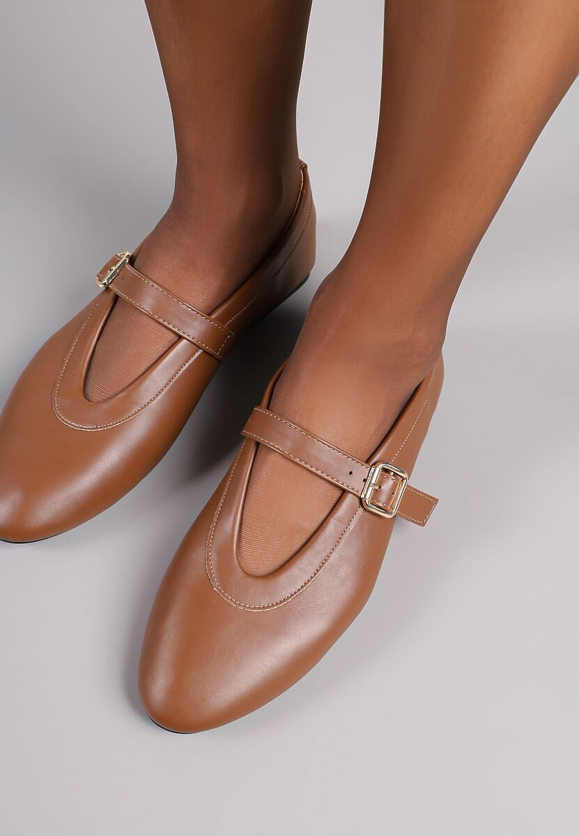 Brązowe Balerinki Vices w Stylu Mary Jane z Klamerką i Skórzaną Wkładką Dimaline