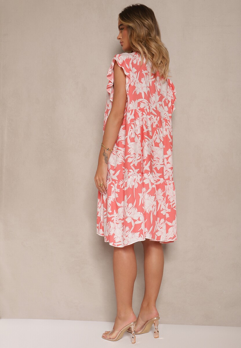 Różowa Kwiatowa Rozkloszowana Sukienka z Bawełny Liravira