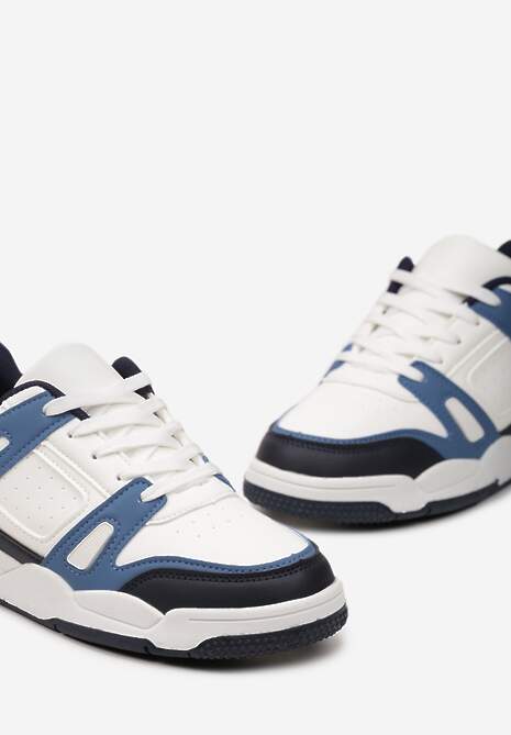 Biało-Granatowe Sznurowane Sneakersy z Licznymi Wstawkami z Ekoskóry Gwendias