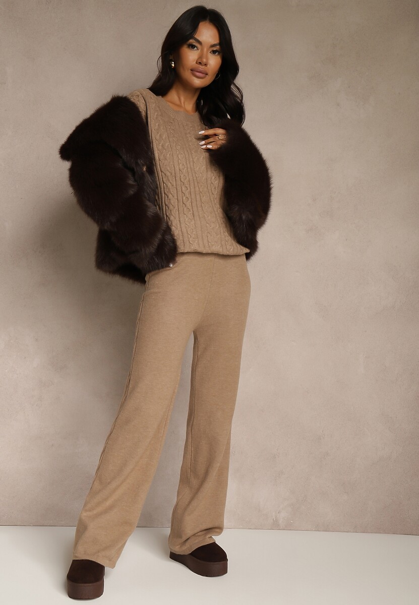 Ciemnobeżowy Dzianinowy Komplet z Wełną w Warkoczowy Splot Spodnie i Sweter Reinette