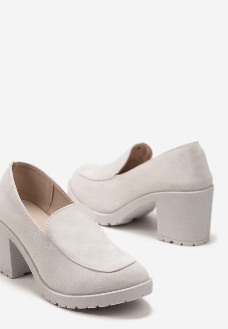 Jasnoszare Półbuty Mokasyny z Imitacji Zamszu na Słupku z Niską Platformą Lndine