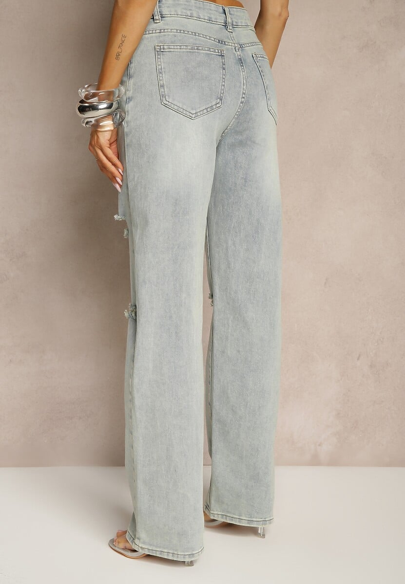 Jasnoniebieskie Jeansy High Waist o Szerokim Kroju z Przetarciami Zeleldi