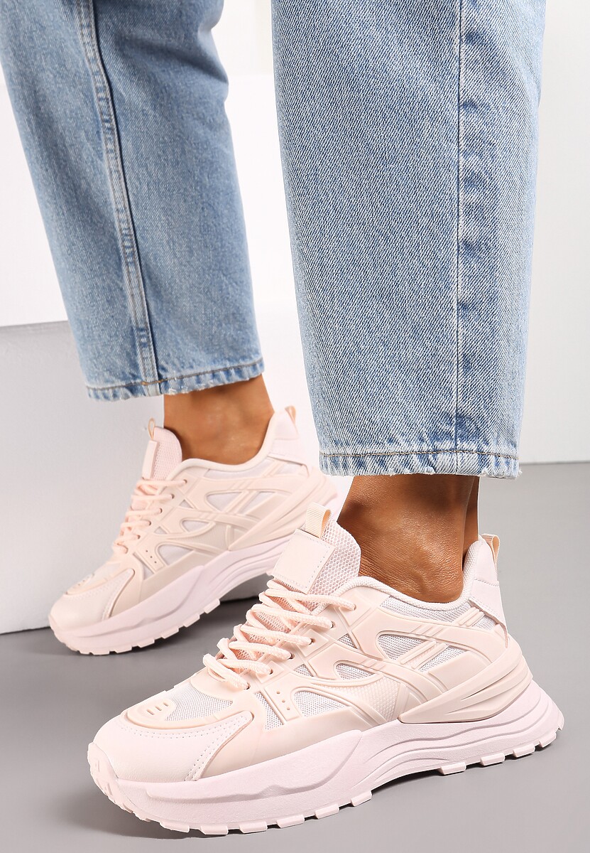 Różowe Sznurowane Sneakersy na Grubej Podeszwie z Ozdobnymi Wstawkami Ilira