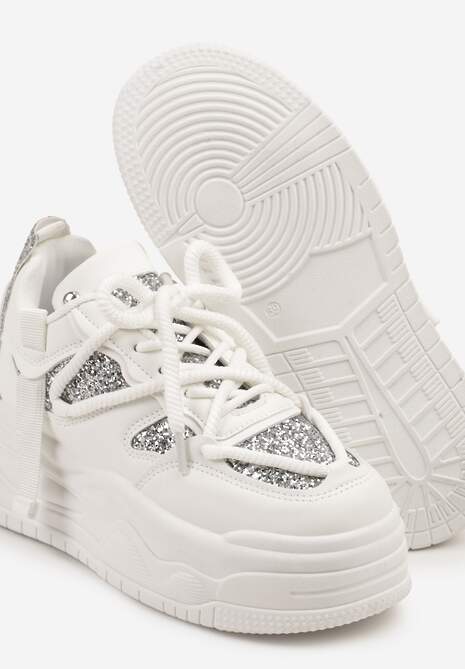 Białe Sneakersy w Streetwearowym Stylu na Tłoczonej Platformie z Brokatem Mailienne