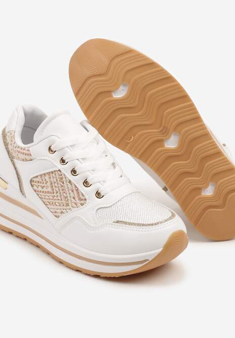 Białe Sneakersy na Koturnie z Geometrycznym Wzorem i Brokatem Tillineira