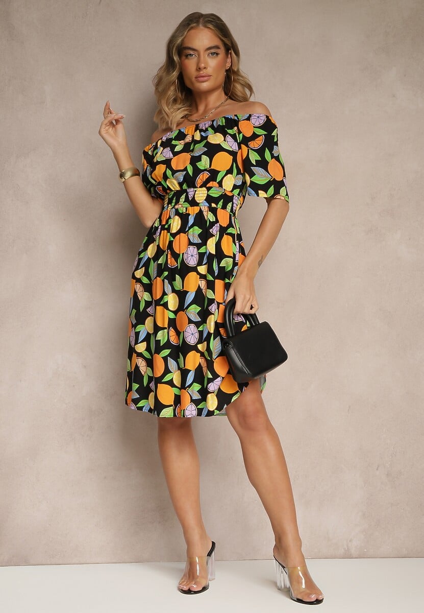 Czarna Sukienka Typu Hiszpanka z Bawełną ze Wzorem Cytrusów Aprona