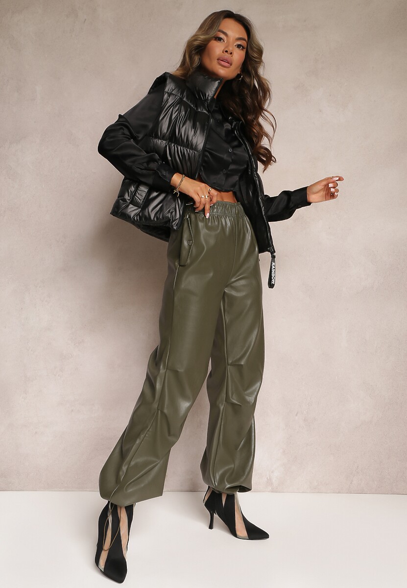 Ciemnozielone Szerokie Spodnie z Gumką w Talii z Imitacji Skóry Aeralin