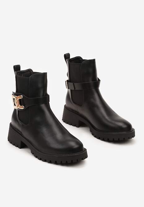 Czarne Botki Sztyblety na Słupku z Metaliczną Ozdobą Venselle