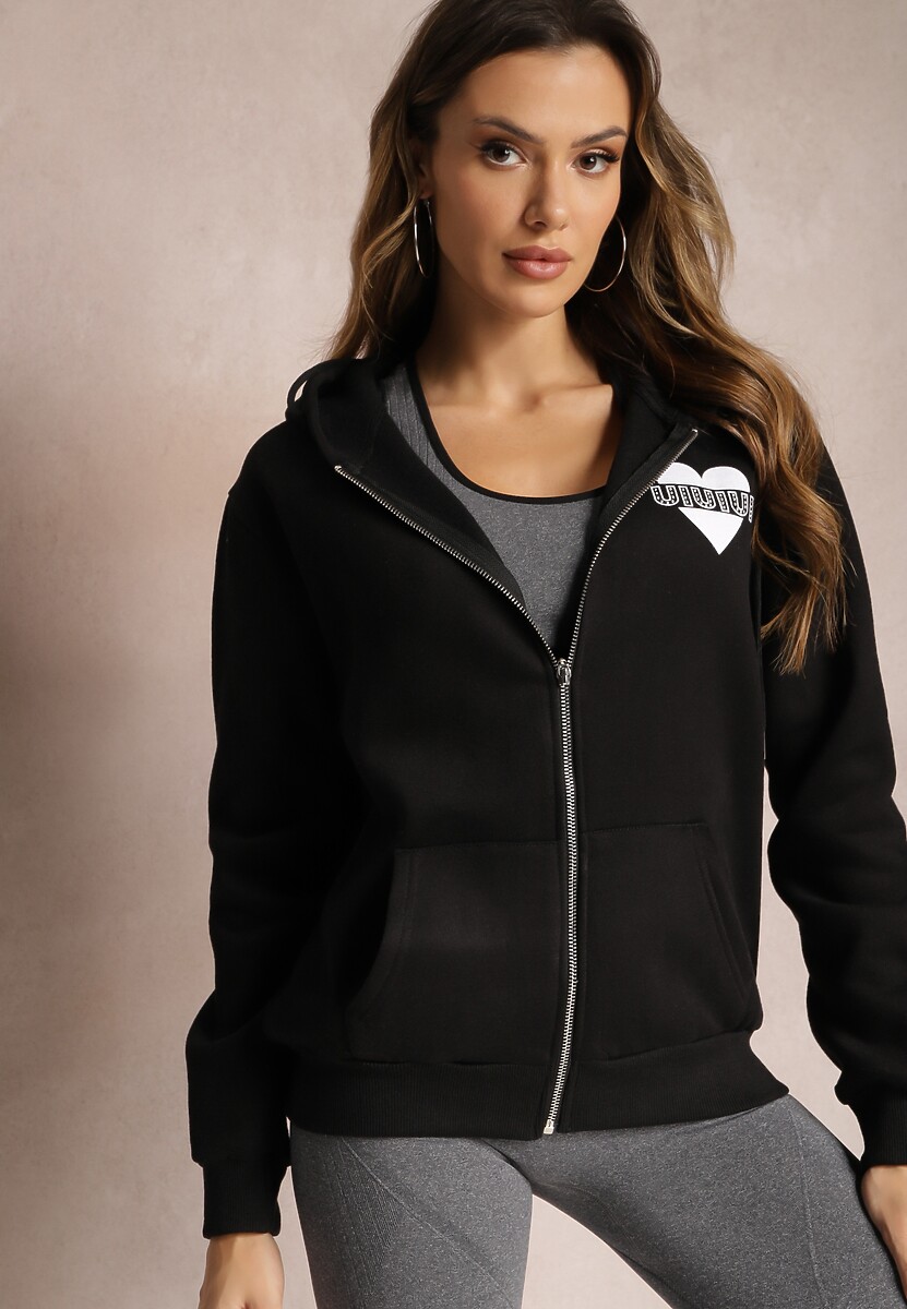 Czarna Dzianinowa Bluza na Suwak z Kapturem Heliozze