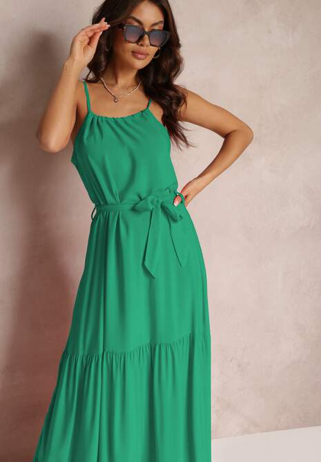Zielona Rozkloszowana Sukienka na Ramiączkach z Wiązanym Paskiem Diadite
