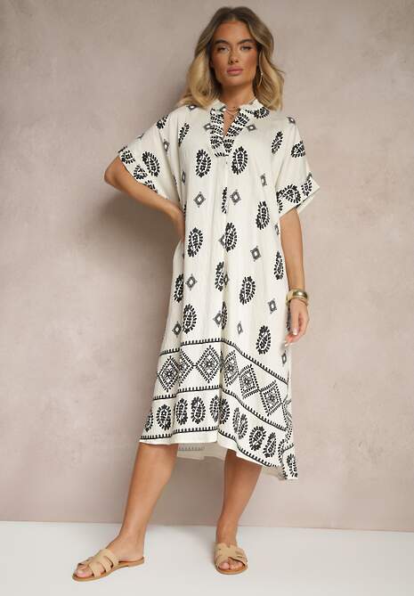 Czarno-Kremowa Sukienka z Wiskozy w Stylu Boho o Pudełkowym Kroju z Rozcięciami Virbia
