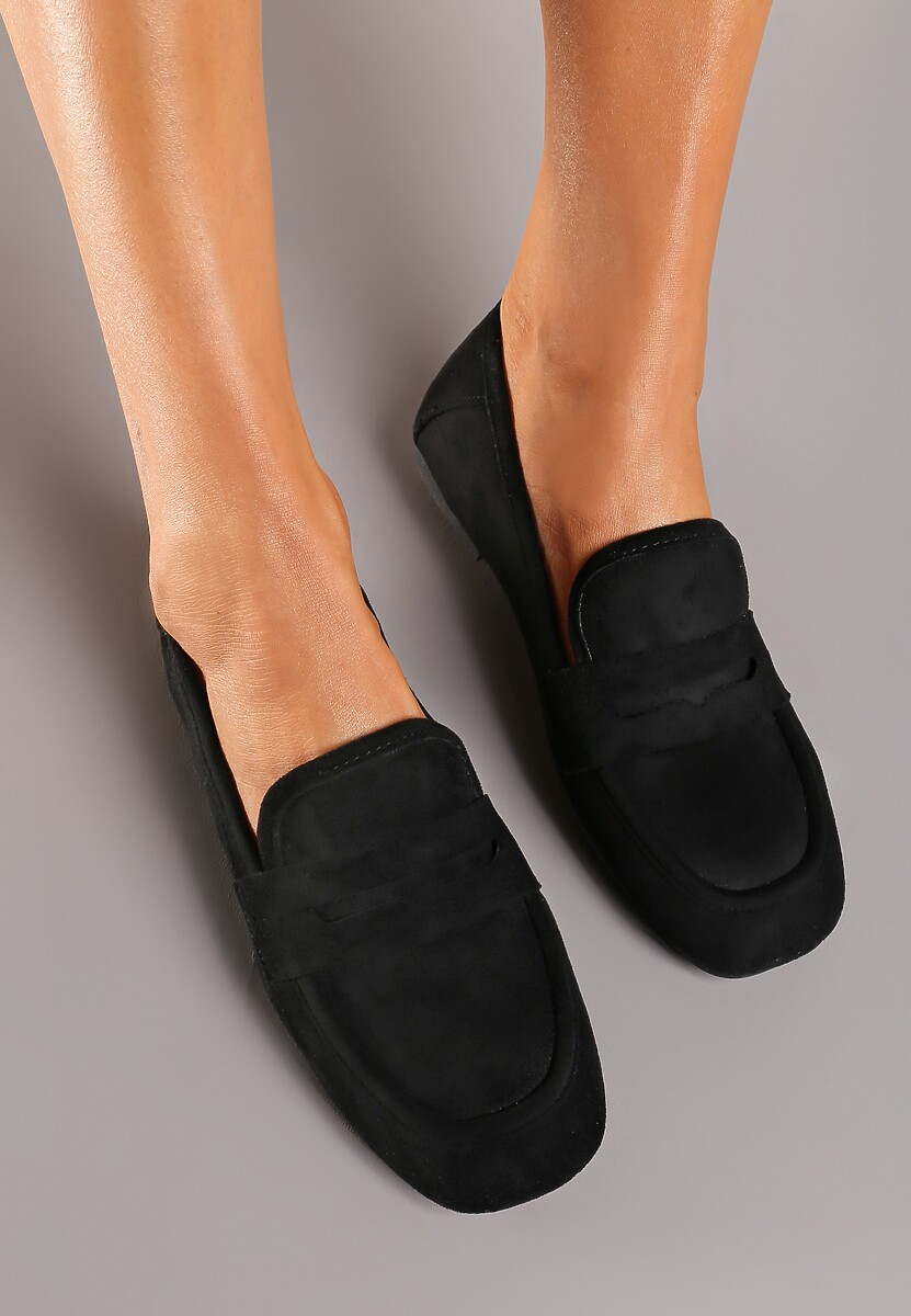 Czarne Casualowe Wsuwane Mokasyny na Płaskiej Podeszwie z Ozdobnym Elementem na Przodzie Janesstia
