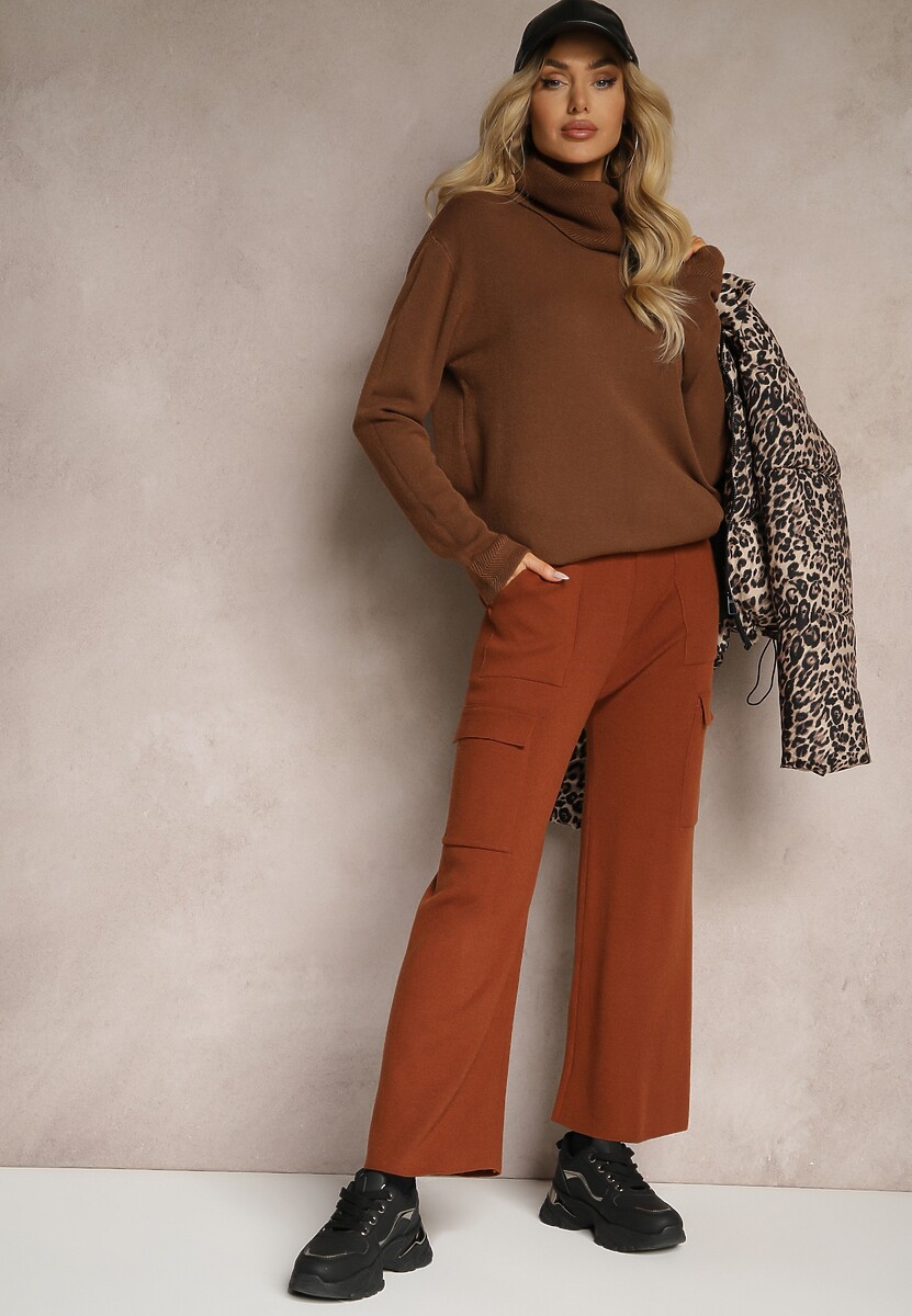 Ciemnoszare Szerokie Spodnie Dzianinowe z Gumką w Pasie i Kieszeniami Emithlera