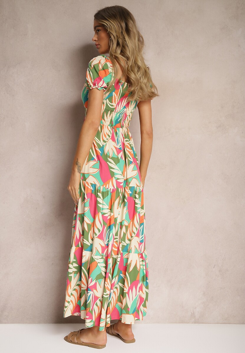 Zielona Rozkloszowana Kwiatowa Sukienka z Wiskozy Ozdobiona Falbanką i Wiązaniem Mevanya