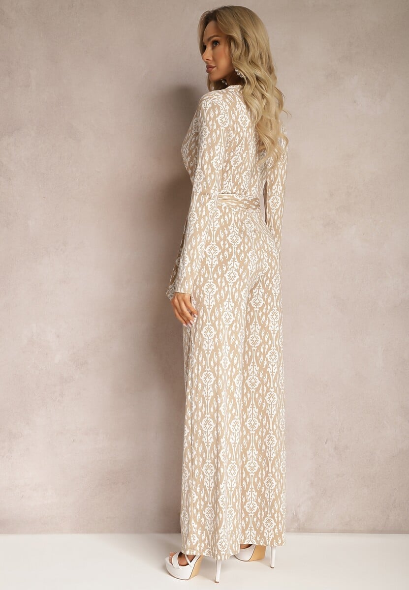 Beżowy Kopertowy Kombinezon z Paskiem w Talii i Ozdobnym Wzorem Mirannda