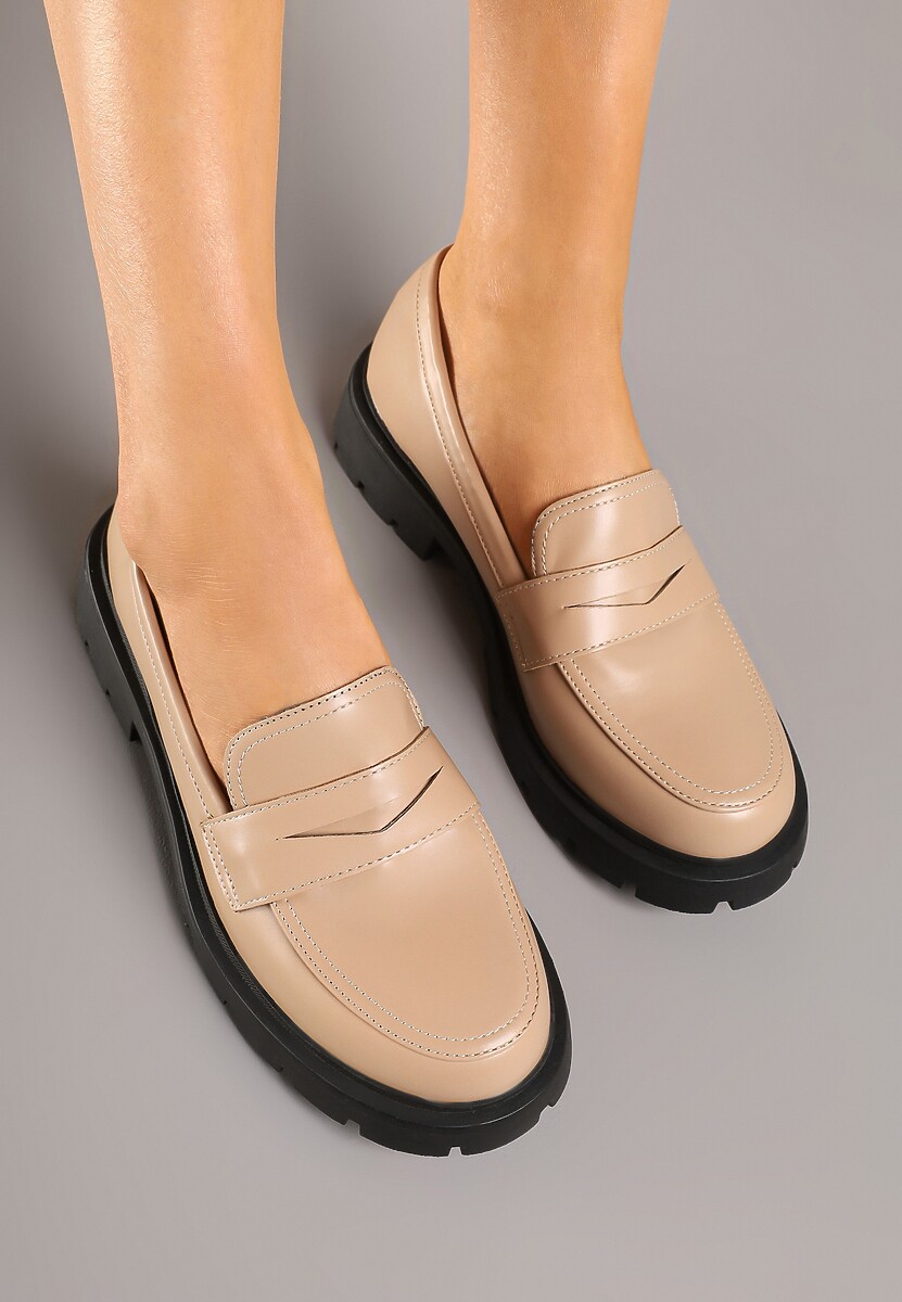 Ciemnobeżowe Mokasyny z Ekoskóry na Płaskiej Podeszwie Nasabel