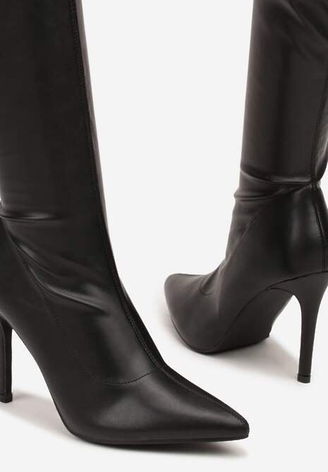 Czarne Kozaki Vices na Szpilce z Marszczoną Cholewką Calavelie