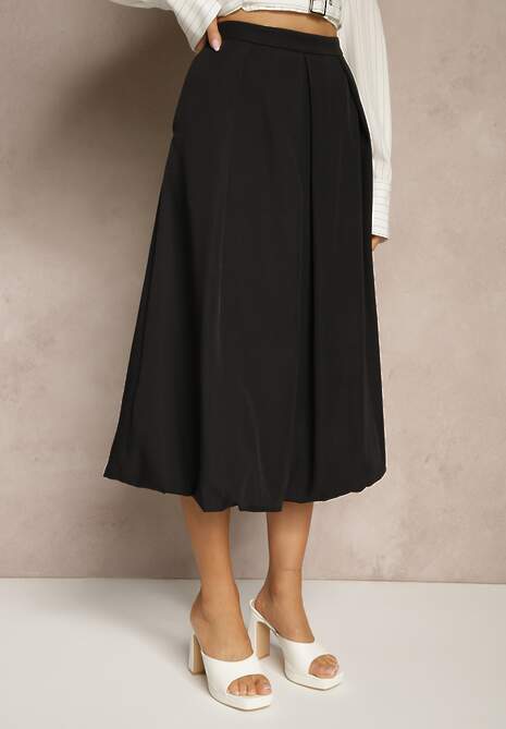 Czarna Rozkloszowana Spódnica z Wiskozą Zdobiona Zakładkami Volnira