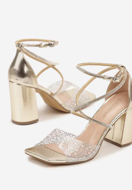 Złote Sandały na Słupku Ozdobione Cyrkoniami Fodea