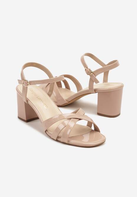 Ciemnobeżowe Sandały Lakierowane na Słupku ze Skórzaną Wkładką Folimea