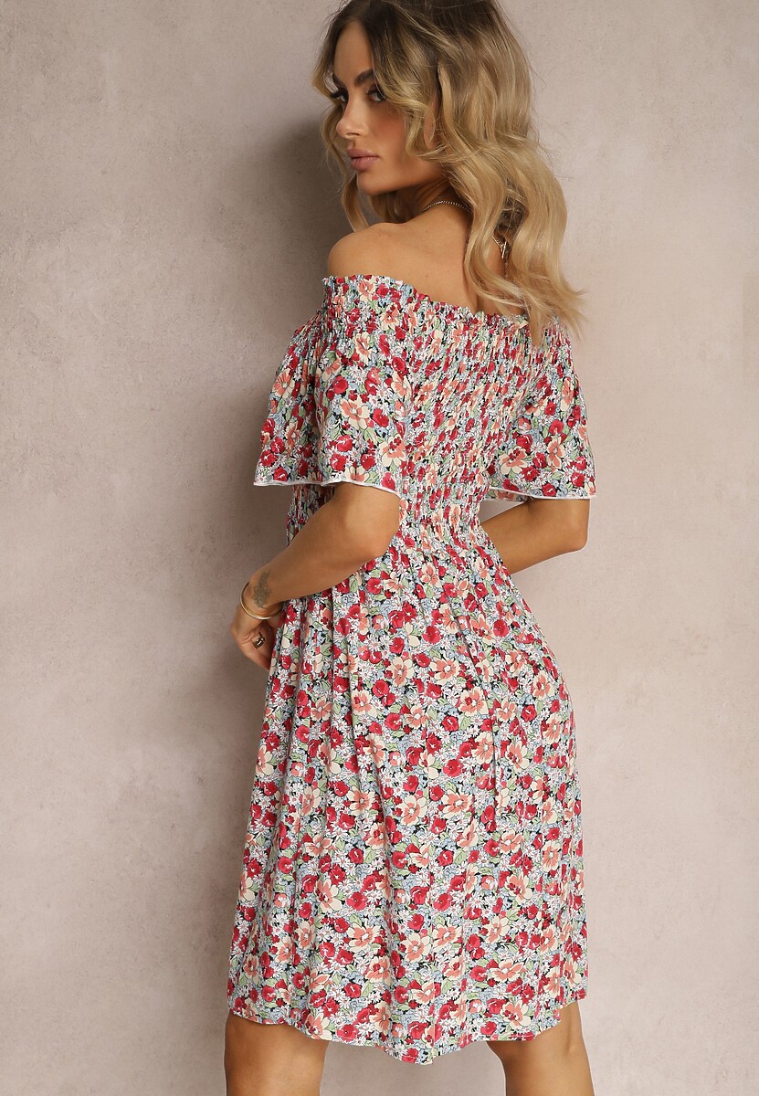 Czerwono-Zielona Kwiecista Sukienka Hiszpanka z Wiskozy z Marszczonym Dekoltem Rasemia