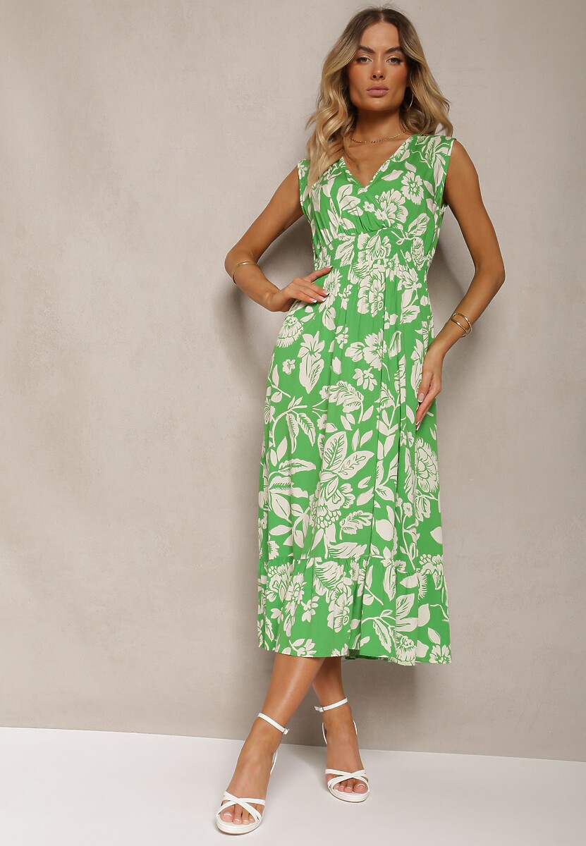 Zielona Wiskozowa Kwiatowa Sukienka Wykończona Gumką w Pasie o Rozkloszowanym Kroju Keranea
