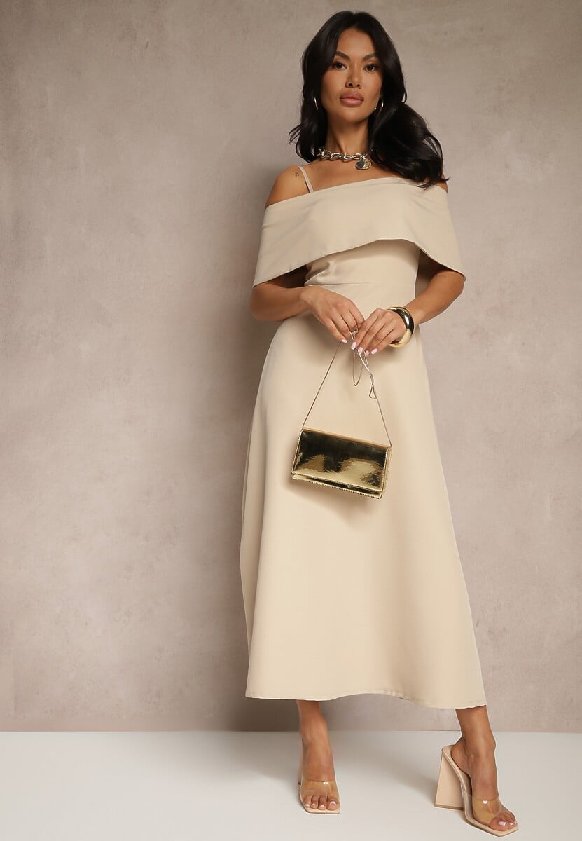 Beżowa Rozkloszowana Sukienka na Ramiączkach z Wywiniętym Dekoltem Jenavitia