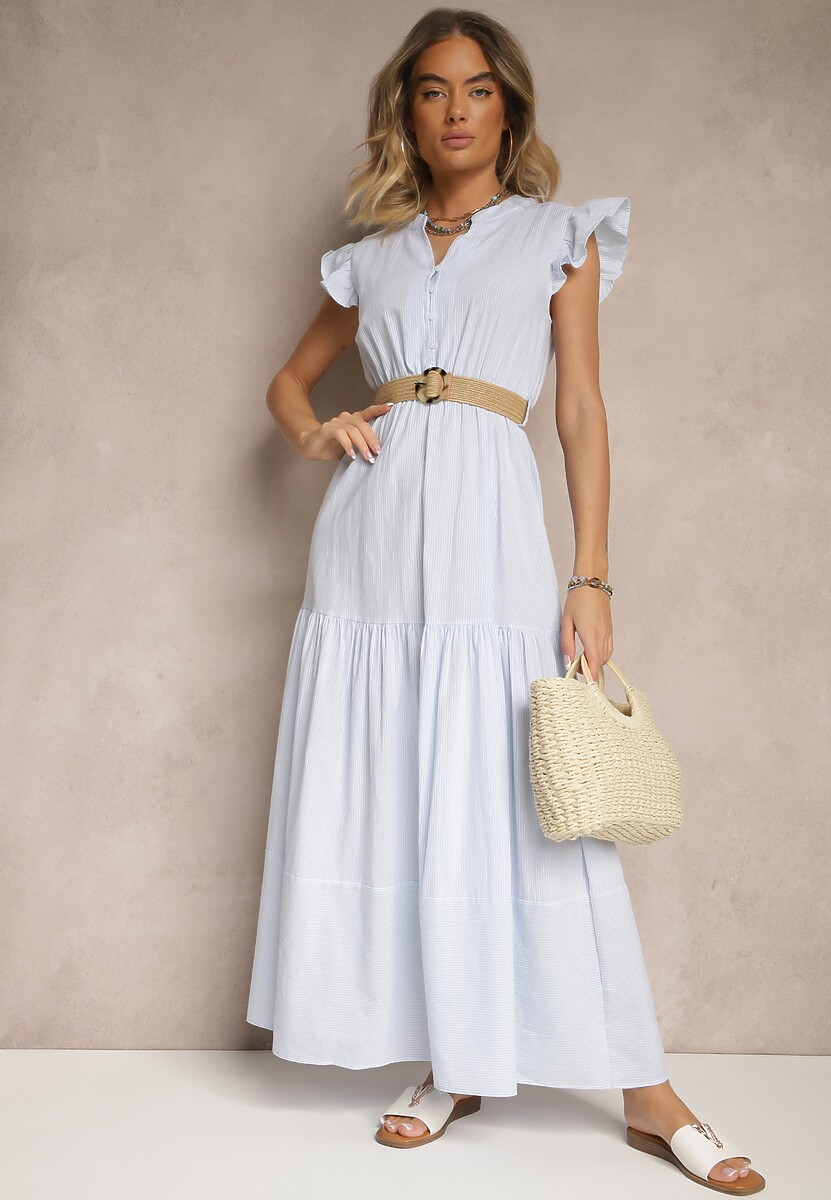 Jasnoniebieska Rozkloszowana Sukienka z Bawełny w Stylu Boho z Paskiem z Klamrą Iffarisa