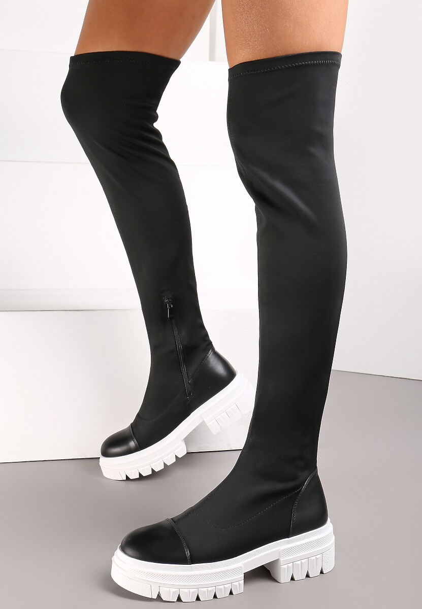 Czarno-Białe Kozaki za Kolano z Elastyczną Cholewką Penthiche