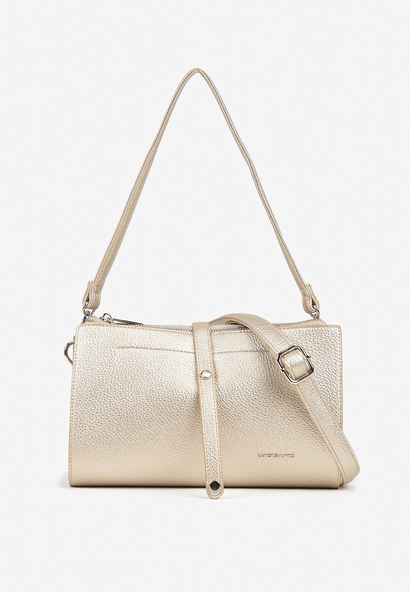 Złota Torebka Listonoszka Prostokątna z Suwakiem i Rączką oraz Paskiem Lumeviane