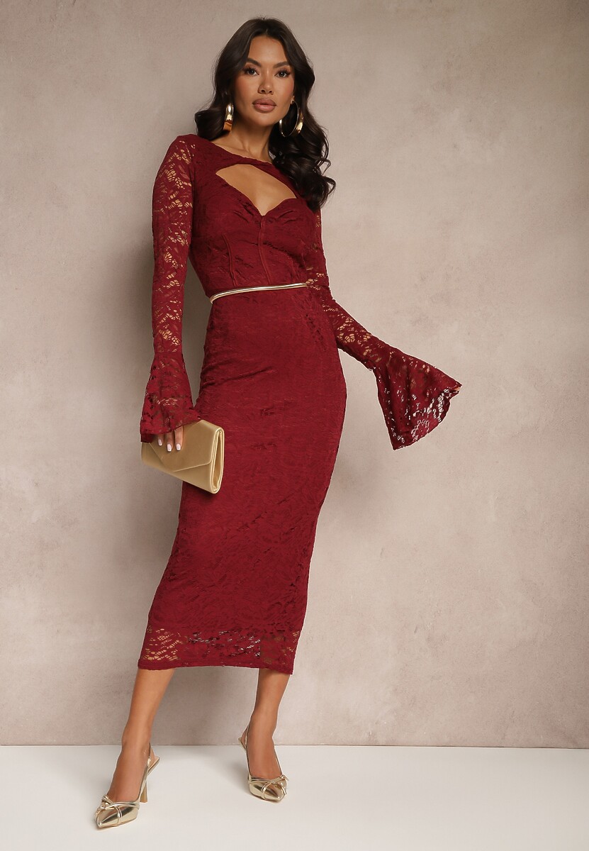 Bordowa Koronkowa Sukienka o Dopasowanym Kroju z Rozszerzanymi Rękawami Seliriel