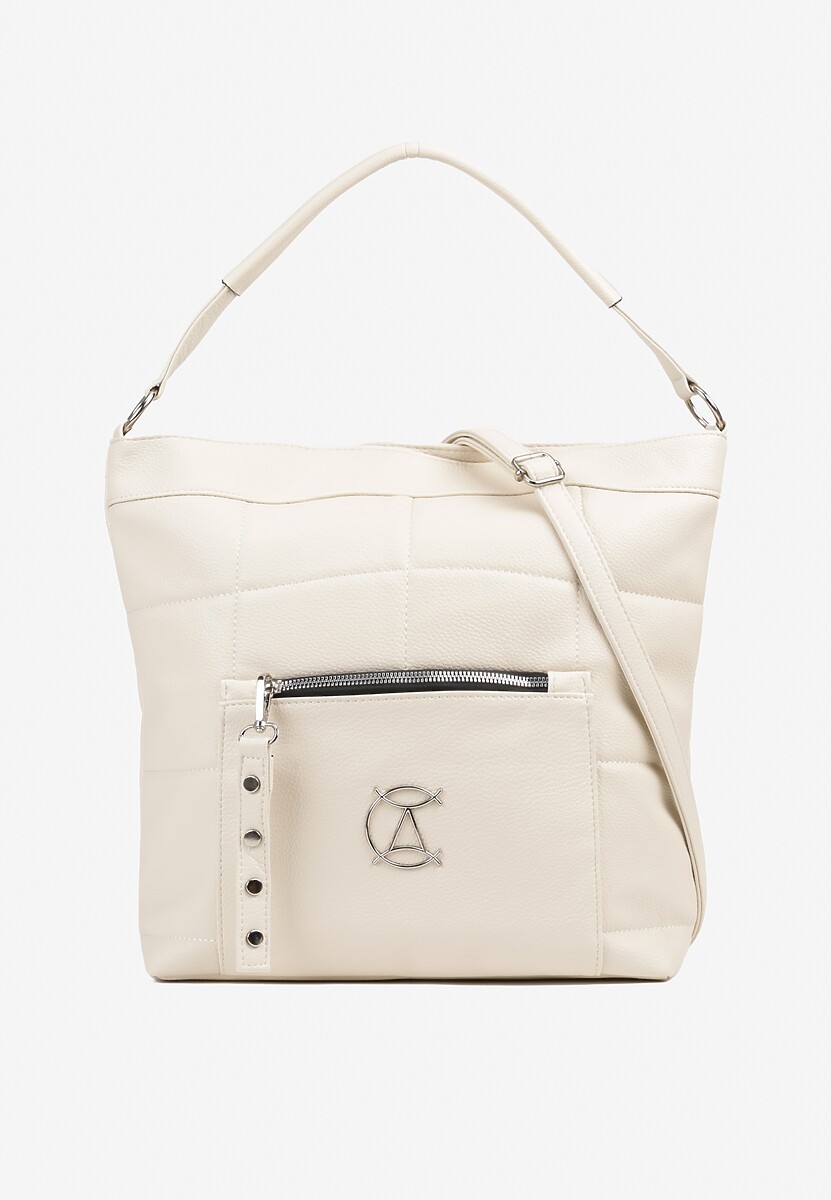 Beżowa Pikowana Torebka w Stylu Shopperki z Metaliczną Ozdobą Lanovara