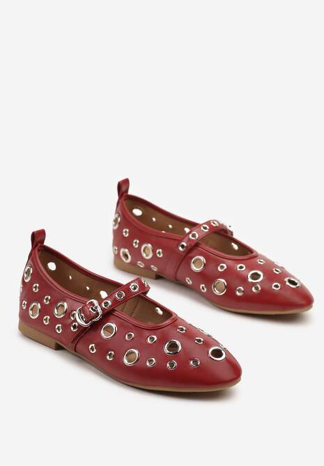 Czerwone Balerinki Ozdobione Paskiem i Metalicznymi Aplikacjami Erathira
