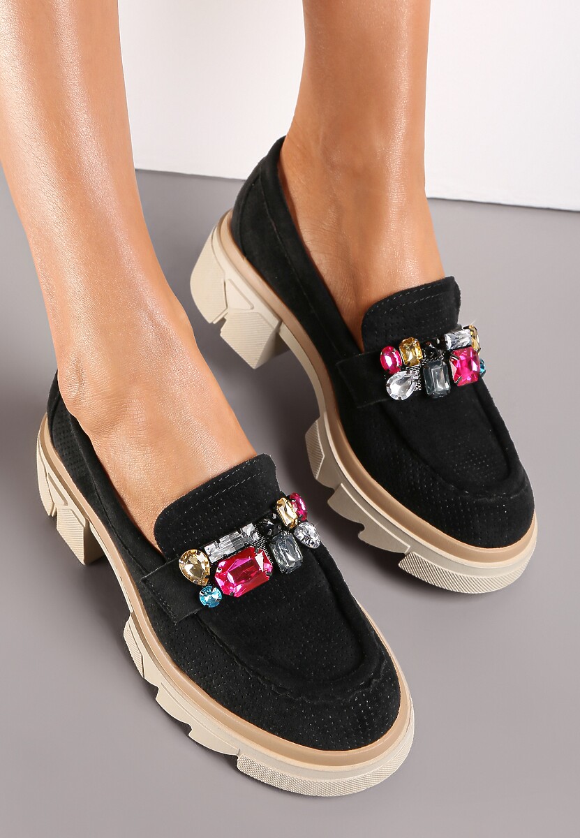 Czarne Mokasyny z Kryształami i Wkładką ze Skóry Naturalnej Zaidy