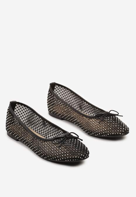 Czarne Balerinki z Siateczkową Cholewką Ozdobione Cyrkoniami i Kokardą Gizana