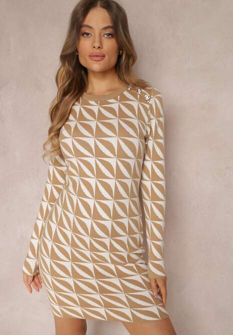 Biało-Beżowa Sukienka Dzianinowa w Geometryczny Wzór Chlaria