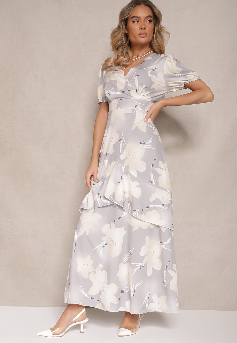 Jasnoszara Kopertowa Sukienka z Kwiatowym Wzorem i Falbanką Tdivona