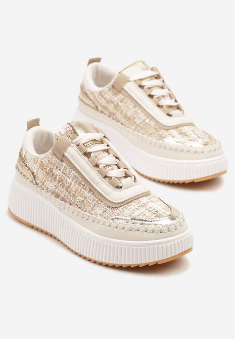 Ciemnobeżowe Sneakersy z Tweedowymi Zdobieniami i Przeszyciami na Platformie Ulandrelia