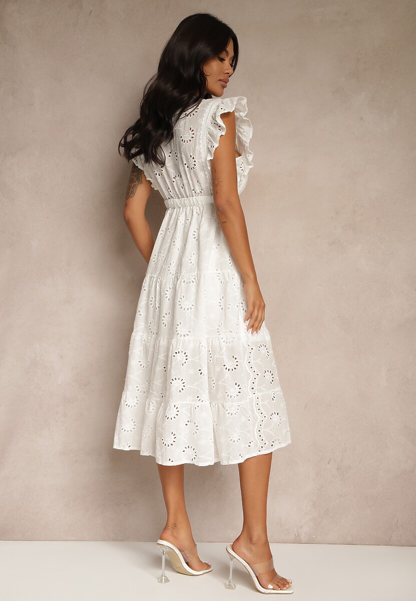 Biała Rozkloszowana Sukienka o Ażurowym Wykończeniu z Falbanką Melolia