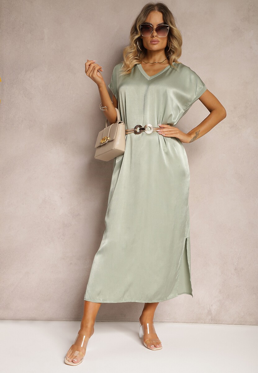 Jasnozielona Casualowa Sukienka z Wiskozy Oversize o Pudełkowym Kroju Morarose